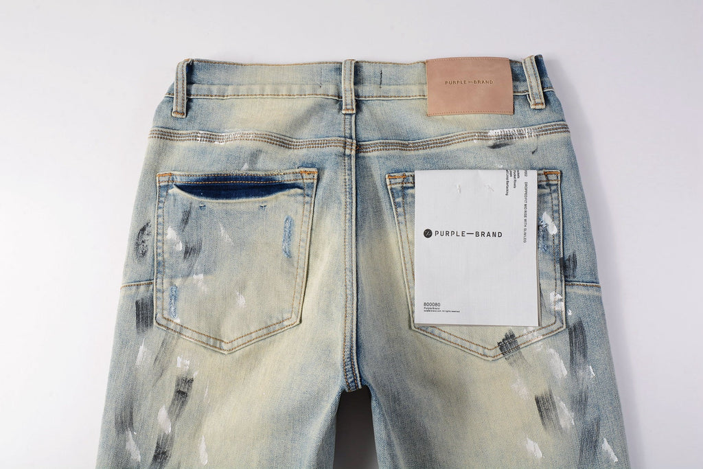 PURPLE  Men Streetwear Skinny Jeans Light Blue Wash with White Paint Splatter and Distressed Rips 9007