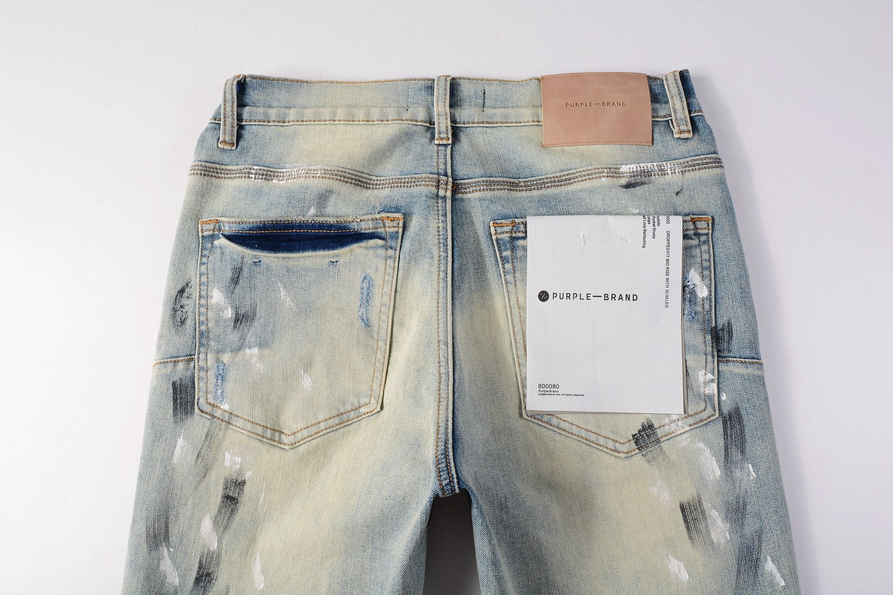 PURPLE  Men Streetwear Skinny Jeans Light Blue Wash with White Paint Splatter and Distressed Rips 9007