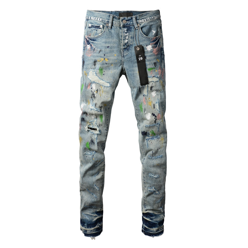 PURPLE  Men Streetwear Skinny Jeans Light Blue Wash with Multi-Color Paint Splatter and Distressed Rips 9072