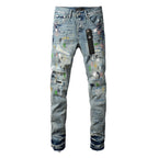 PURPLE  Men Streetwear Skinny Jeans Light Blue Wash with Multi-Color Paint Splatter and Distressed Rips 9072