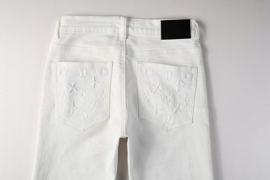 PURPLE  Men Designer Streetwear Skinny Jeans Solid White with 3D Embossed Monogram Pattern 9113