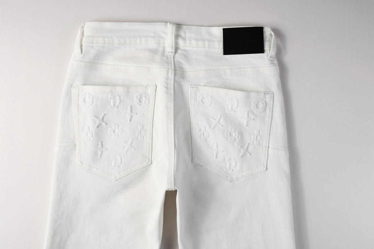 PURPLE  Men Designer Streetwear Skinny Jeans Solid White with 3D Embossed Monogram Pattern 9113