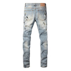 PURPLE  Men Streetwear Jeans Light Blue Paint Splash Distressed Ripped skinny 9100