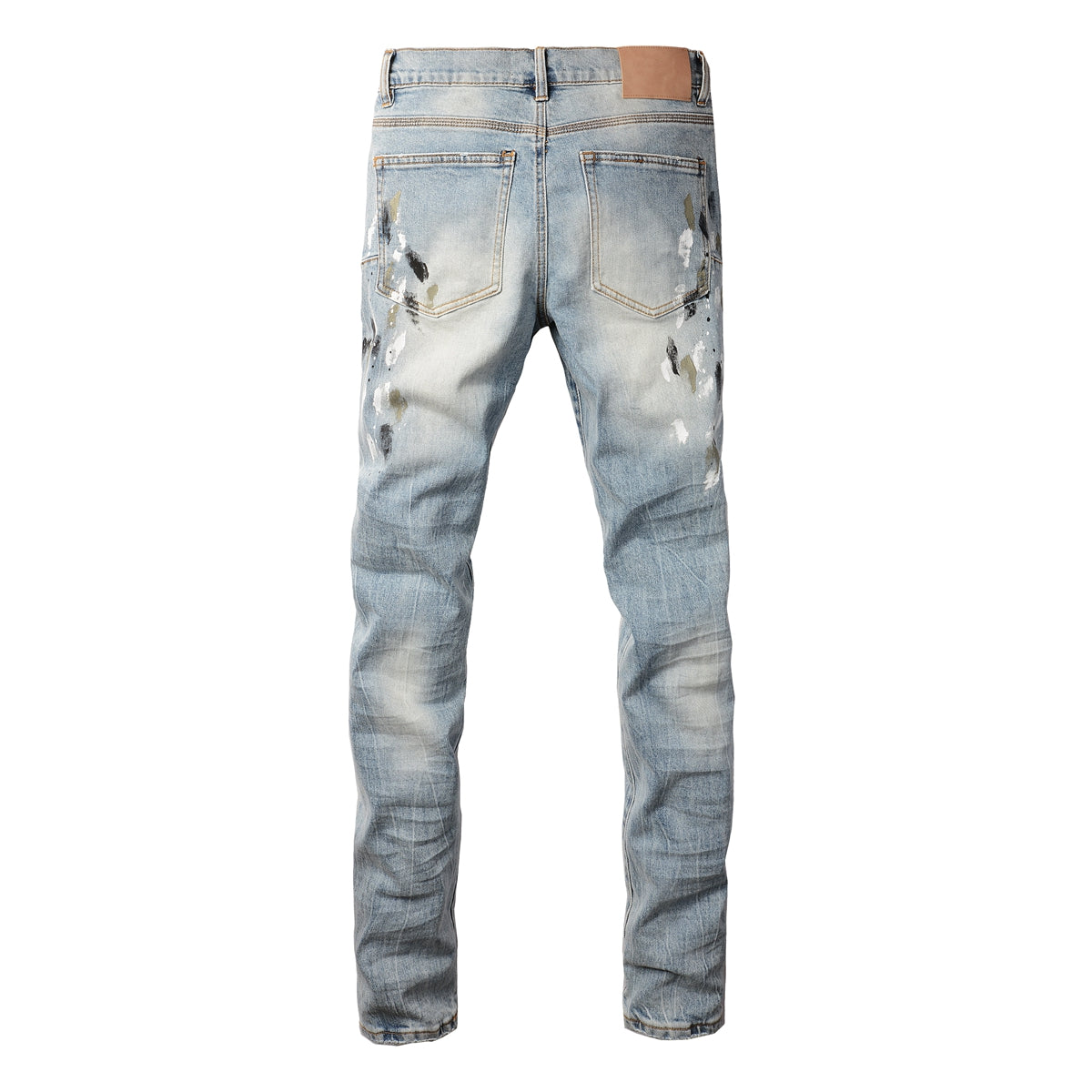 PURPLE  Men Streetwear Jeans Light Blue Paint Splash Distressed Ripped skinny 9100