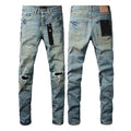 PURPLE  Men Streetwear Skinny Jeans Light Blue Wash with Distressed Ripped Knee Details 9076