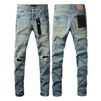PURPLE  Men Streetwear Skinny Jeans Light Blue Wash with Distressed Ripped Knee Details 9076