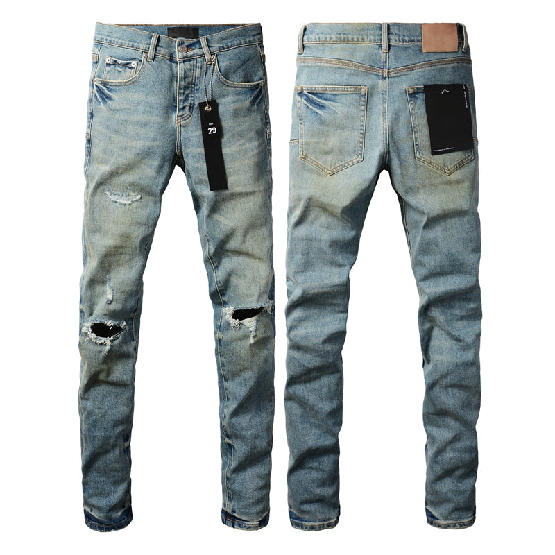 PURPLE  Men Streetwear Skinny Jeans Light Blue Wash with Distressed Ripped Knee Details 9076