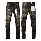 PURPLE  Men Streetwear Skinny Jeans Dark Gray Wash with White Paint Splatter and Distressed Rips 9030