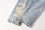 PURPLE  Men Streetwear Jeans Light Blue Ripped Graffiti Print Distressed skinny 9101