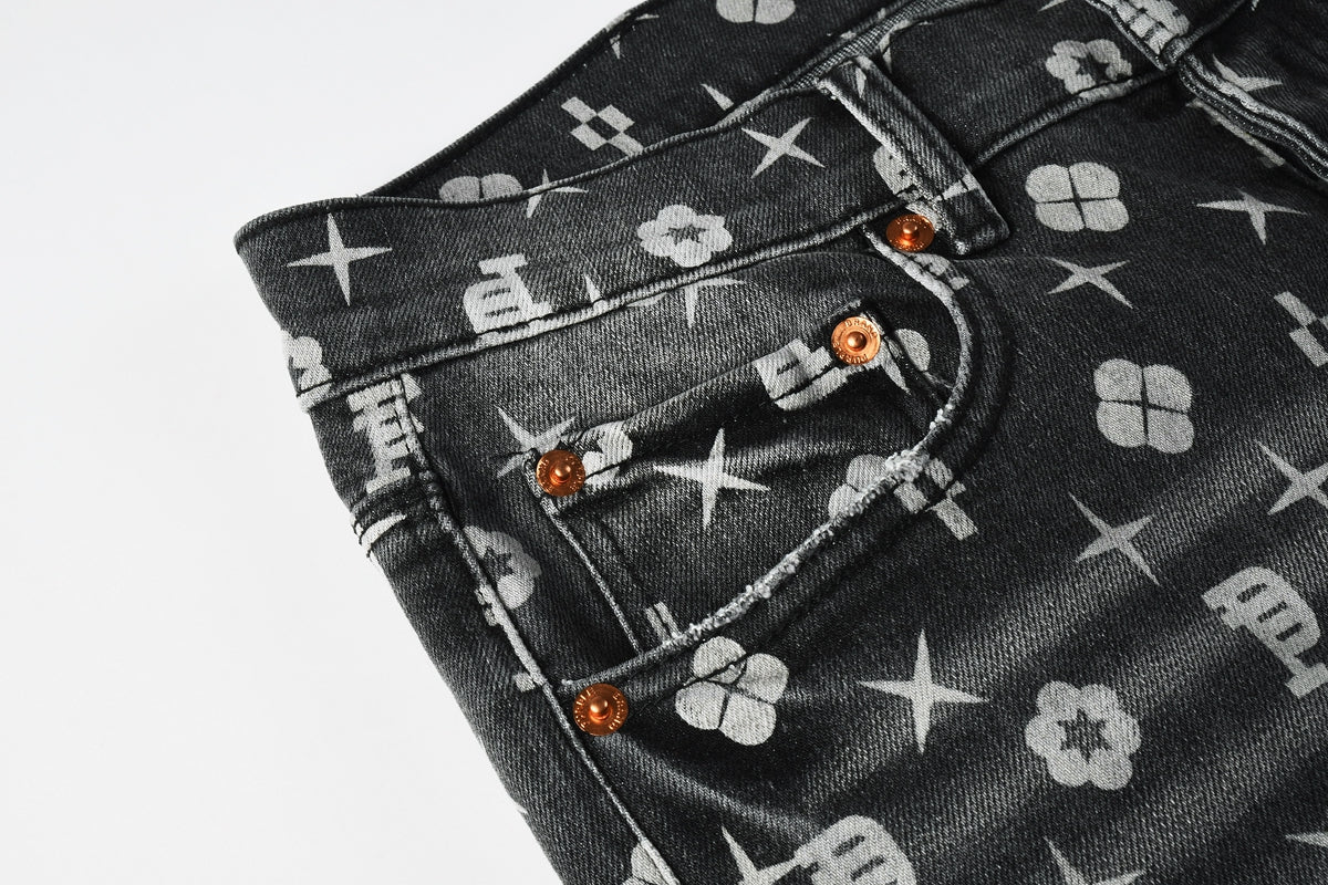 PURPLE  Men Classic Street Skinny Jeans Dark Grey Monogram Print All Over Distressed Style 9112
