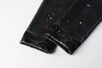 PURPLE  Men Streetwear Skinny Jeans Dark Gray Wash with Distressed Rips and Multi-Color Paint Splatter 9018