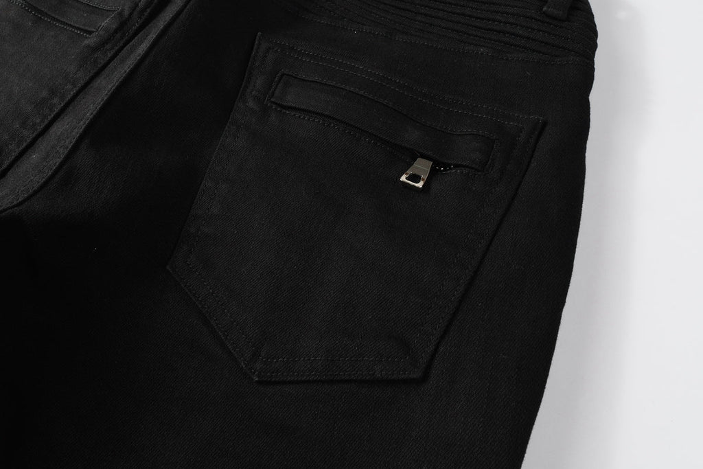 PURPLE  Men Streetwear Biker Skinny Jeans Black with Knee Pleats and Zipper Pockets 0964