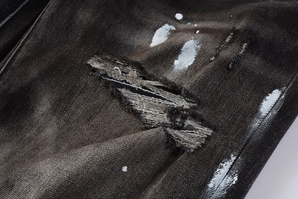 PURPLE  Men Streetwear Skinny Jeans Dark Gray Wash with White Paint Splatter and Distressed Rips 9030