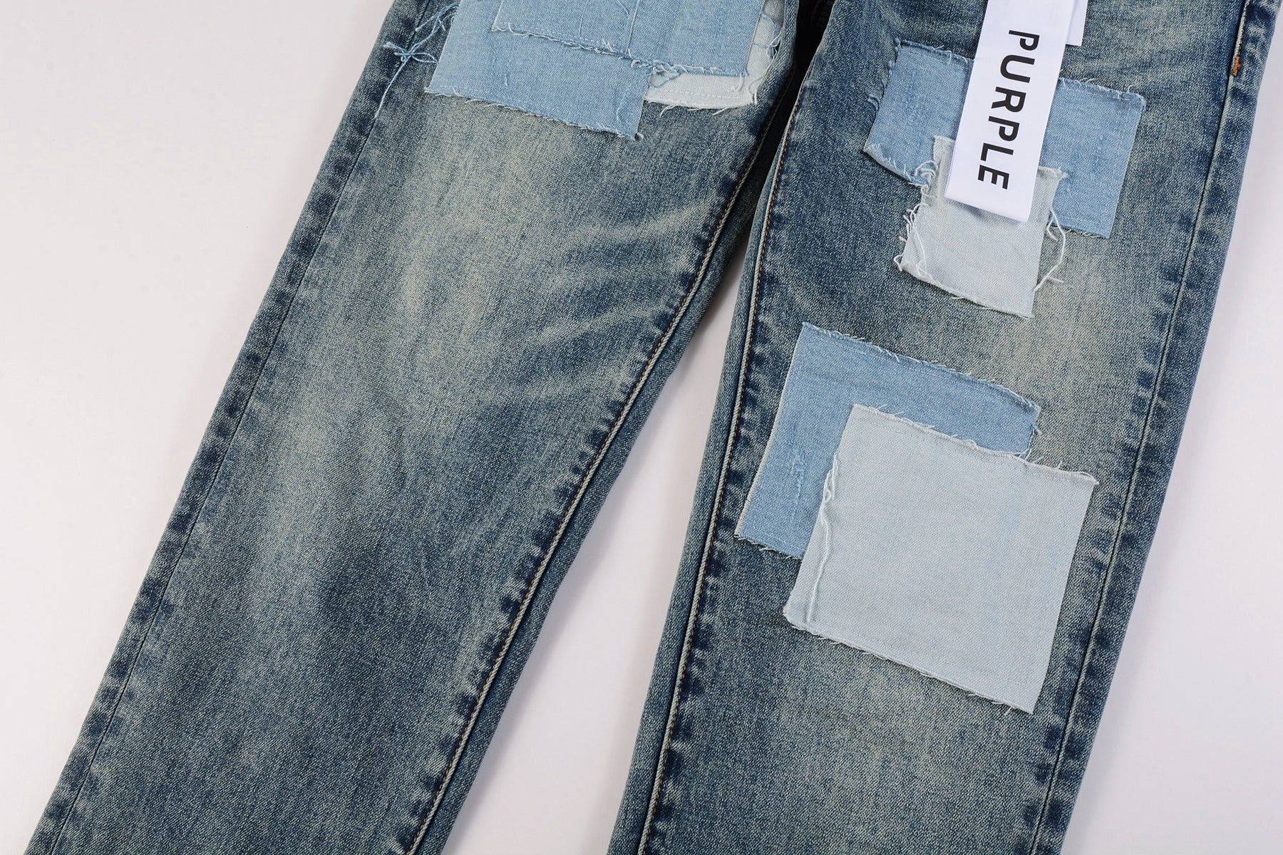 PURPLE  Men Streetwear Skinny Jeans Light Blue Wash with Patchwork Distressed Details 9015