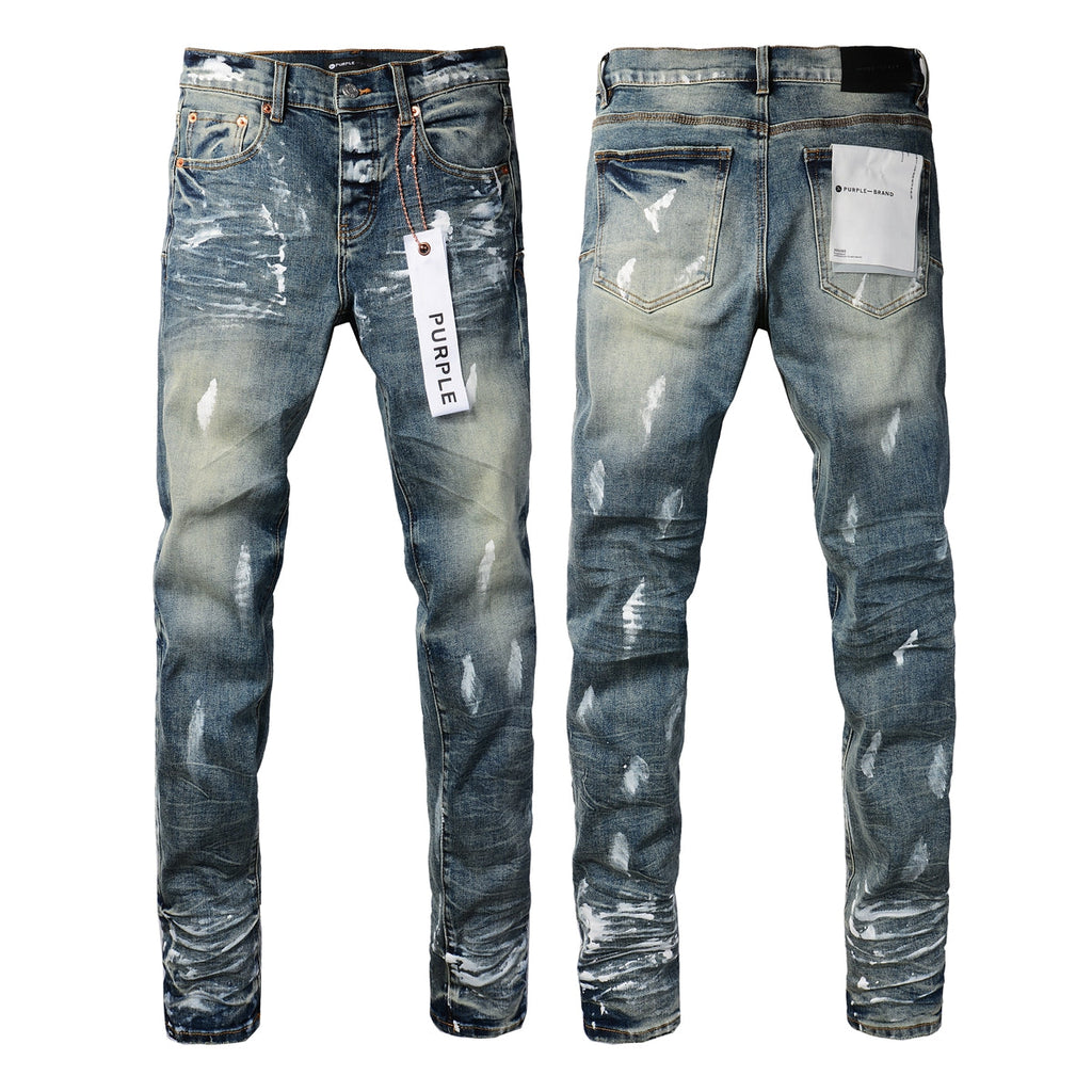PURPLE  Men Streetwear Skinny Jeans Light Blue Wash with White Paint Brush Strokes 9060