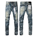 PURPLE  Men Streetwear Skinny Jeans Light Blue Wash with White Paint Brush Strokes 9060