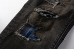 PURPLE  Men Streetwear Skinny Jeans Dark Gray Wash with Multi - Color Patched Distressed Details 9080