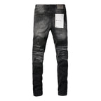 PURPLE   Men Streetwear Skinny Jeans Black - Gray Fade Wash with White Paint Specks 9027