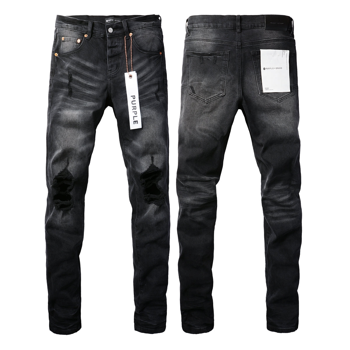 PURPLE  Men Streetwear Skinny Jeans Black Wash with Knee Ripped Details 9029