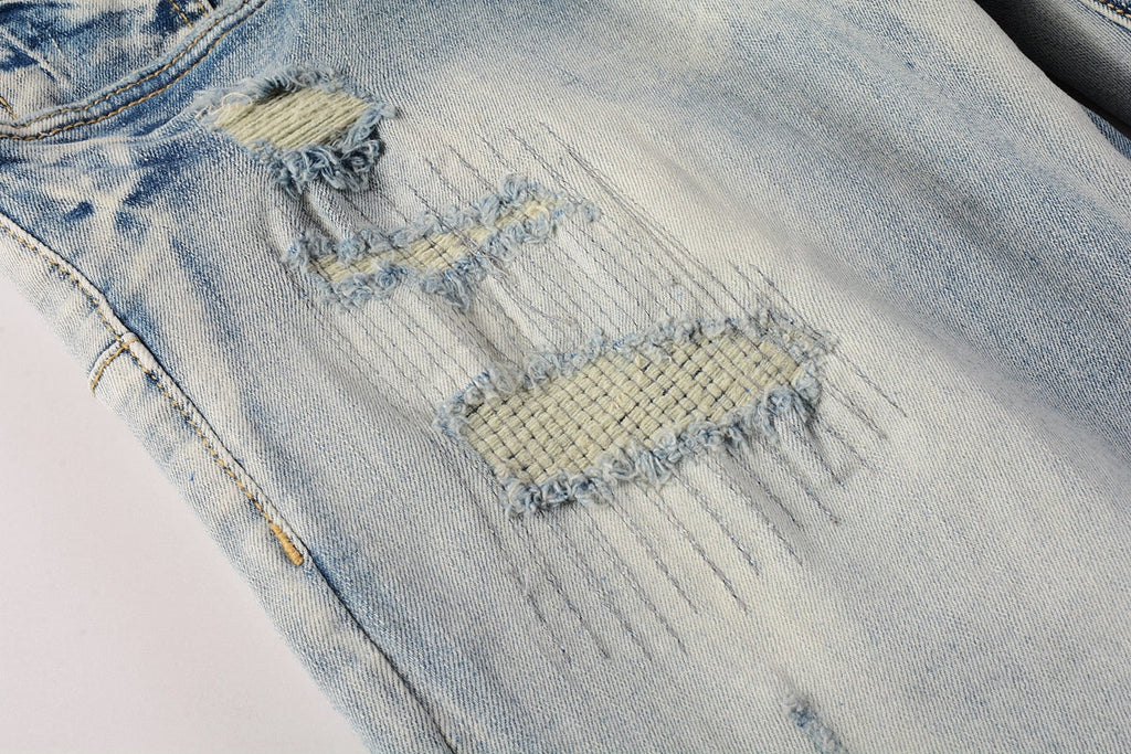 PURPLE  Men Streetwear Skinny Jeans Light Blue Wash with Heavy Distressed Rips 9050