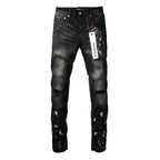 PURPLE   Men Streetwear Skinny Jeans Black Fade Wash with White Paint Splatter and Distressed Rips 9002