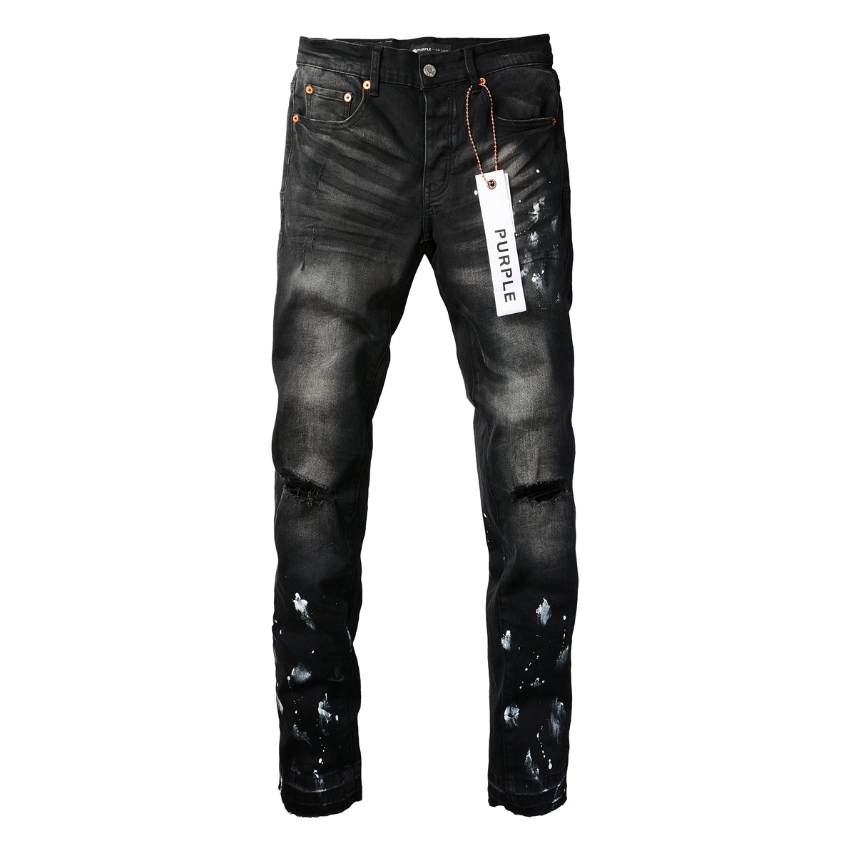 PURPLE   Men Streetwear Skinny Jeans Black Fade Wash with White Paint Splatter and Distressed Rips 9002