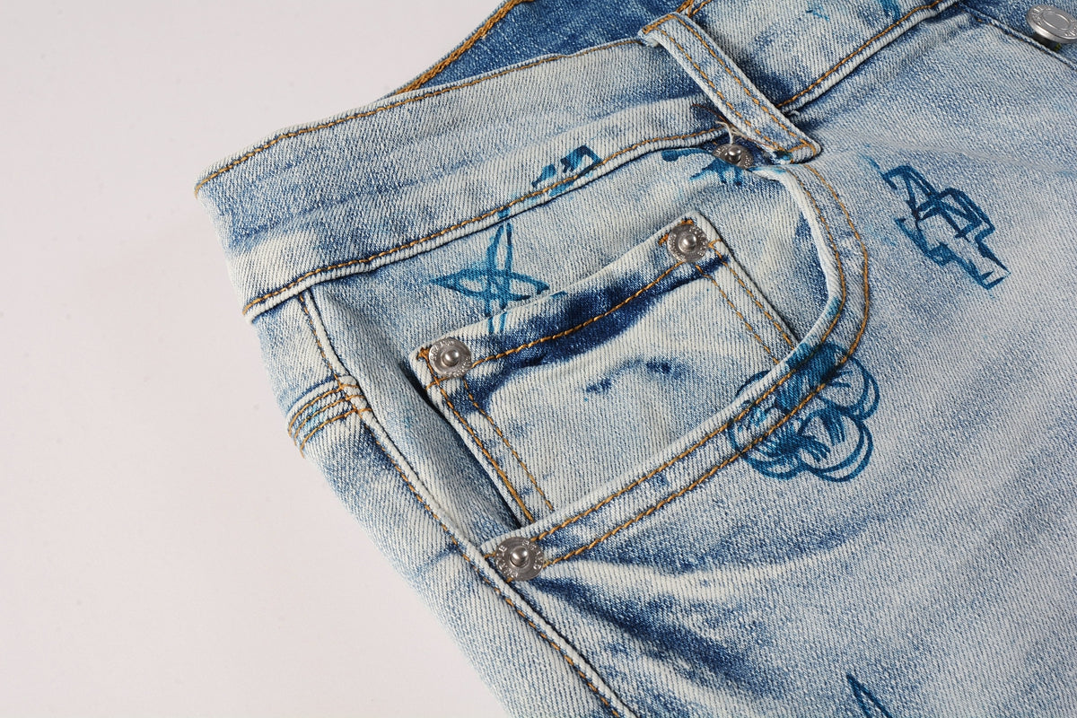 PURPLE  Men Streetwear Skinny Jeans Light Blue Wash with White Paint Brush Strokes 9063