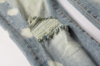 PURPLE   Men Streetwear Jeans Distressed Light Blue Paint Dot Ripped skinny 9092