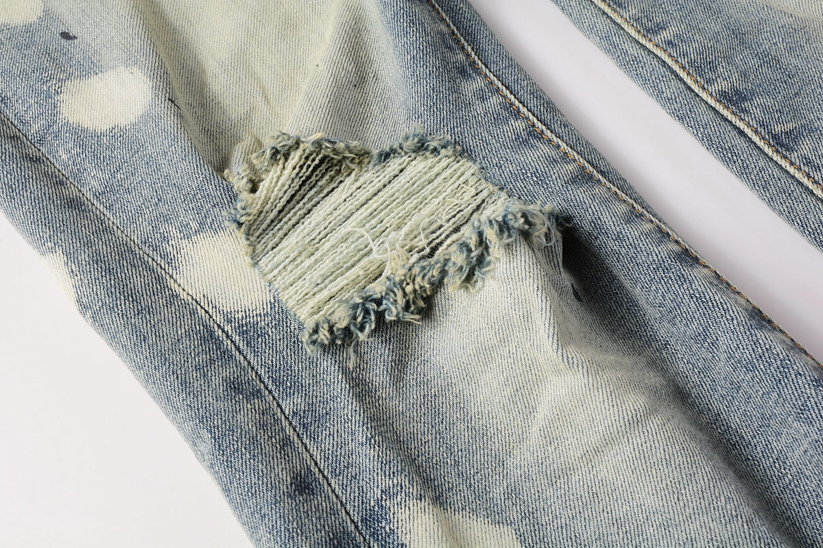 PURPLE   Men Streetwear Jeans Distressed Light Blue Paint Dot Ripped skinny 9092