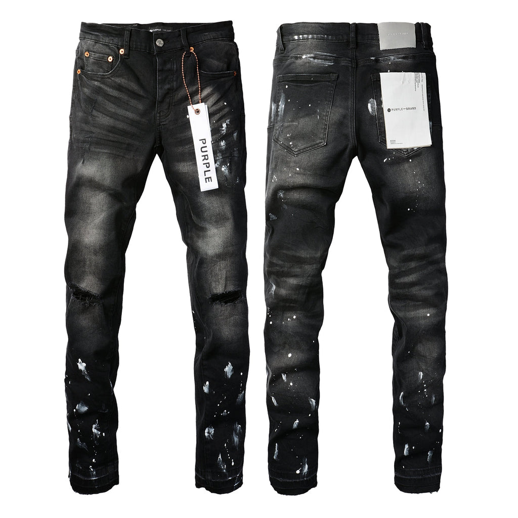 PURPLE   Men Streetwear Skinny Jeans Black Fade Wash with White Paint Splatter and Distressed Rips 9002