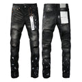 PURPLE   Men Streetwear Skinny Jeans Black Fade Wash with White Paint Splatter and Distressed Rips 9002