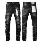 PURPLE   Men Streetwear Skinny Jeans Black Fade Wash with White Paint Splatter and Distressed Rips 9002