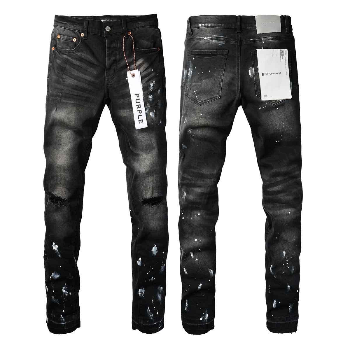 PURPLE   Men Streetwear Skinny Jeans Black Fade Wash with White Paint Splatter and Distressed Rips 9002