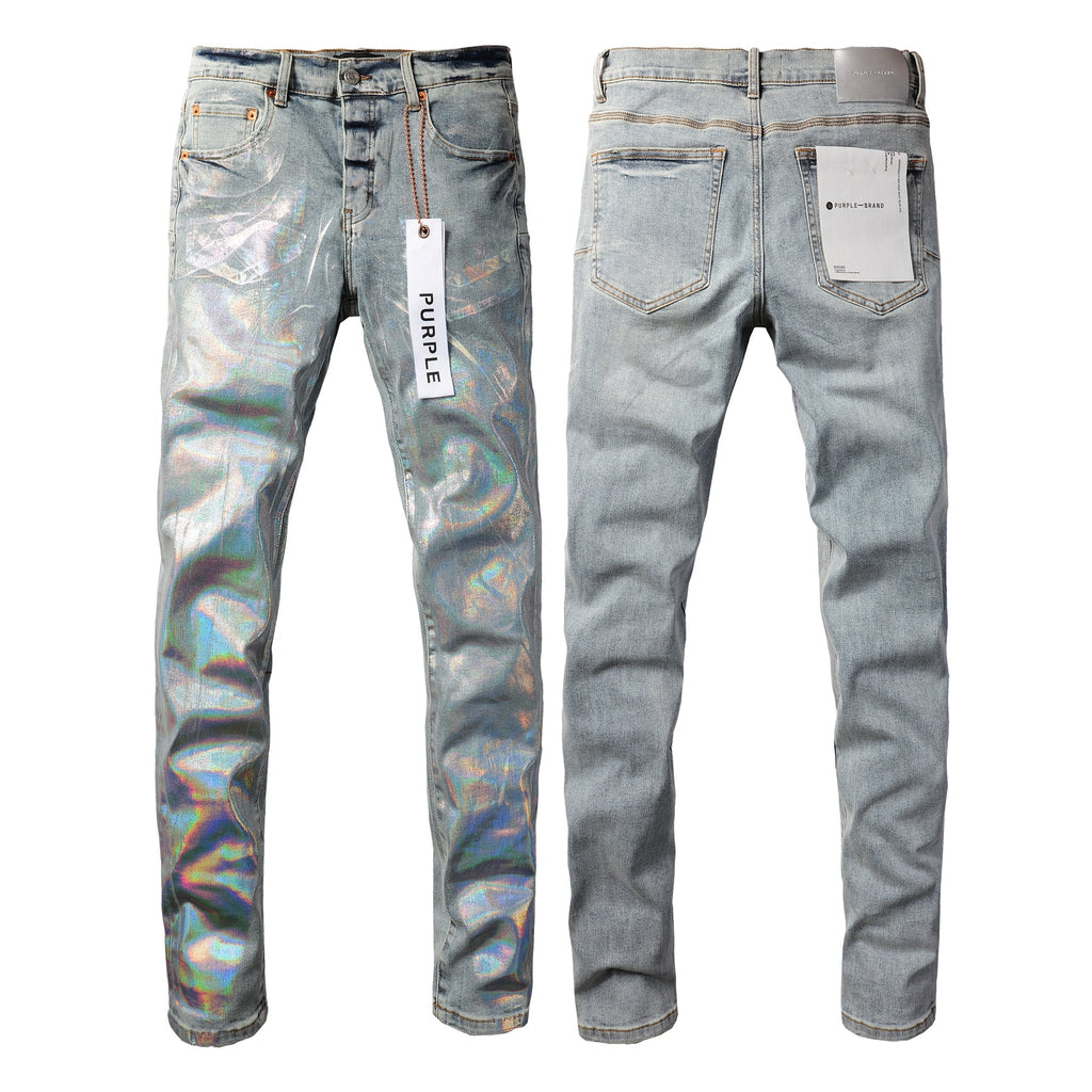 PURPLE   Men Streetwear Skinny Jeans Light Blue Wash with Holographic Iridescent Finish 9005