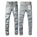 PURPLE   Men Streetwear Skinny Jeans Light Blue Wash with Holographic Iridescent Finish 9005