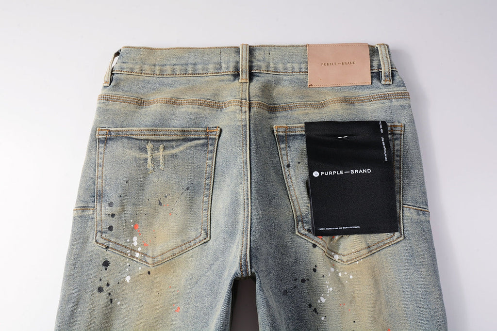 PURPLE  Men Streetwear Skinny Jeans Light Gray Wash with Multi-Color Paint Splatter and Distressed Patches 9071