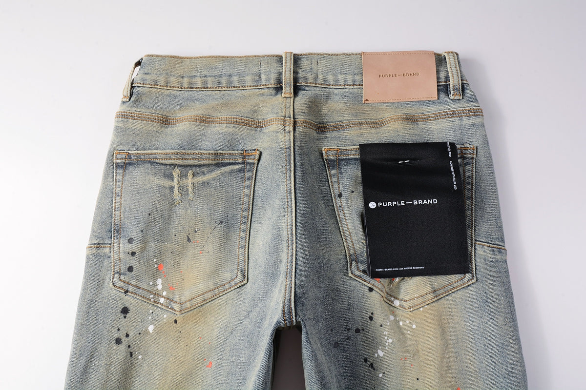 PURPLE  Men Streetwear Skinny Jeans Light Gray Wash with Multi-Color Paint Splatter and Distressed Patches 9071