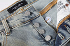 PURPLE  Men Streetwear Skinny Jeans Light Gray Wash with Multi-Color Paint Splatter and Distressed Patches 9071