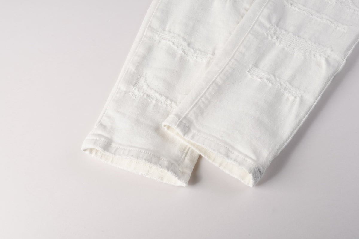 PURPLE  Men Classic Streetwear Skinny Jeans Solid White with Subtle Distressed Details PU9118