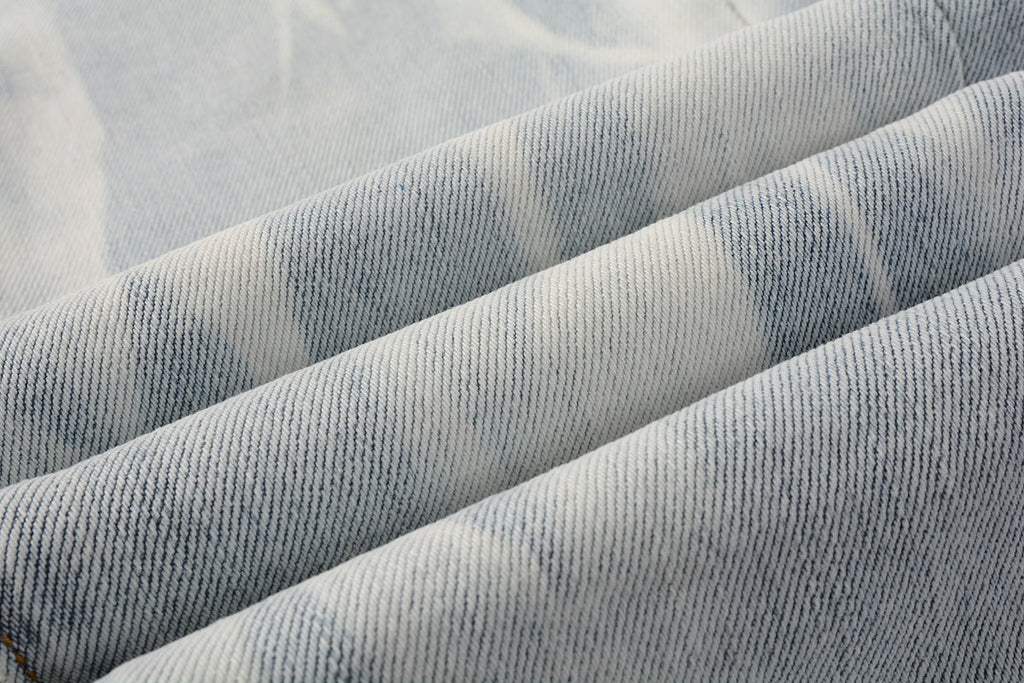 PURPLE   Men Streetwear Skinny Jeans Light Blue Wash with White Brushstroke Texture 7017