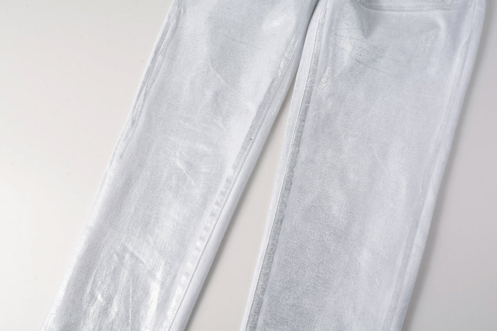 PURPLE  Men Streetwear Jeans Metallic Silver Coated Finish with Futuristic Shine Skinny Fit Statement 9110