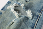 PURPLE  Men Streetwear Skinny Jeans Light Blue Wash with Distressed Ripped Knee Details 9076