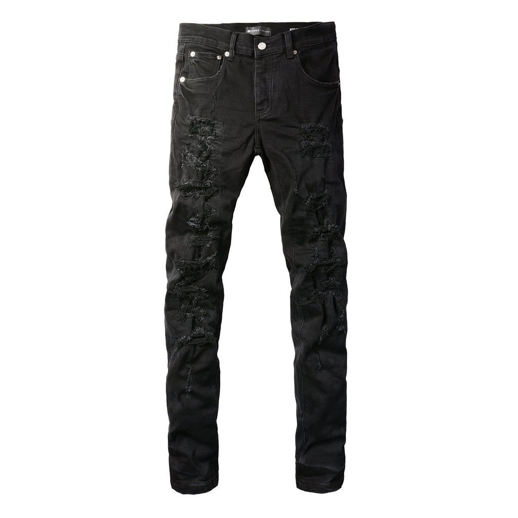 PURPLE  Men Distressed Black Skinny Jeans with Heavy Ripped Design and Grunge Streetwear Vibe 9108