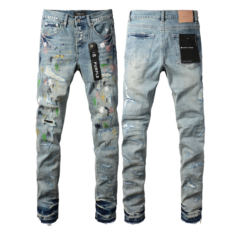 PURPLE  Men Streetwear Skinny Jeans Light Blue Wash with Multi-Color Paint Splatter and Distressed Rips 9072