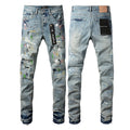 PURPLE  Men Streetwear Skinny Jeans Light Blue Wash with Multi-Color Paint Splatter and Distressed Rips 9072