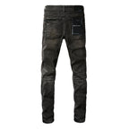 PURPLE  Men Streetwear Skinny Jeans Dark Gray Wash with Multi - Color Patched Distressed Details 9080