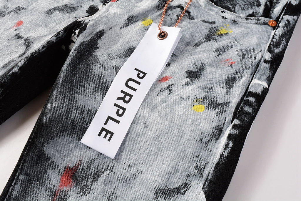 PURPLE  Men Streetwear Skinny Jeans Black and White Graffiti Wash with Multi - Color Paint Accents 9020