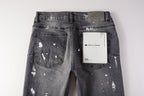 PURPLE  Men Streetwear Skinny Jeans Dark Gray Wash with Knee Rips and White Paint Splatter 9039