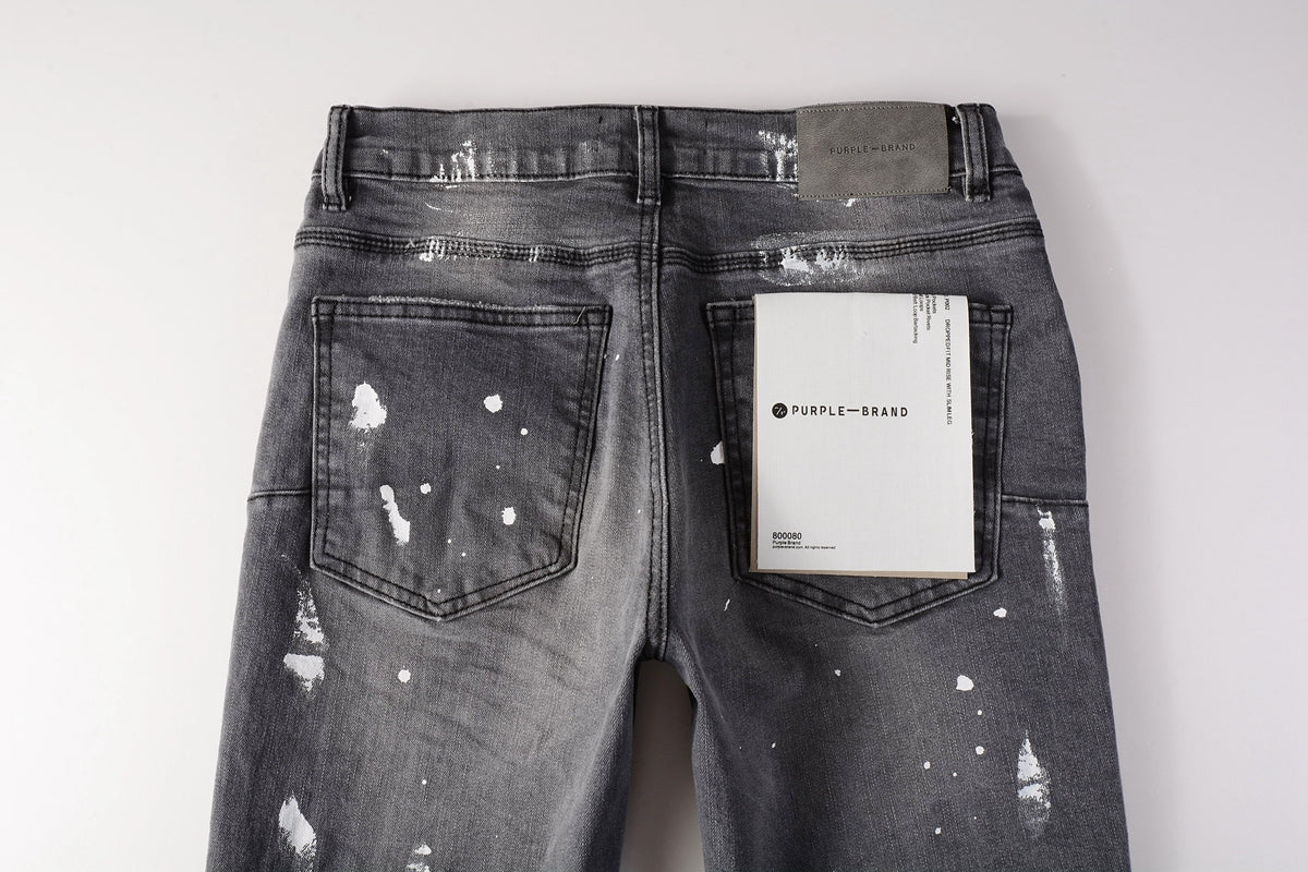 PURPLE  Men Streetwear Skinny Jeans Dark Gray Wash with Knee Rips and White Paint Splatter 9039