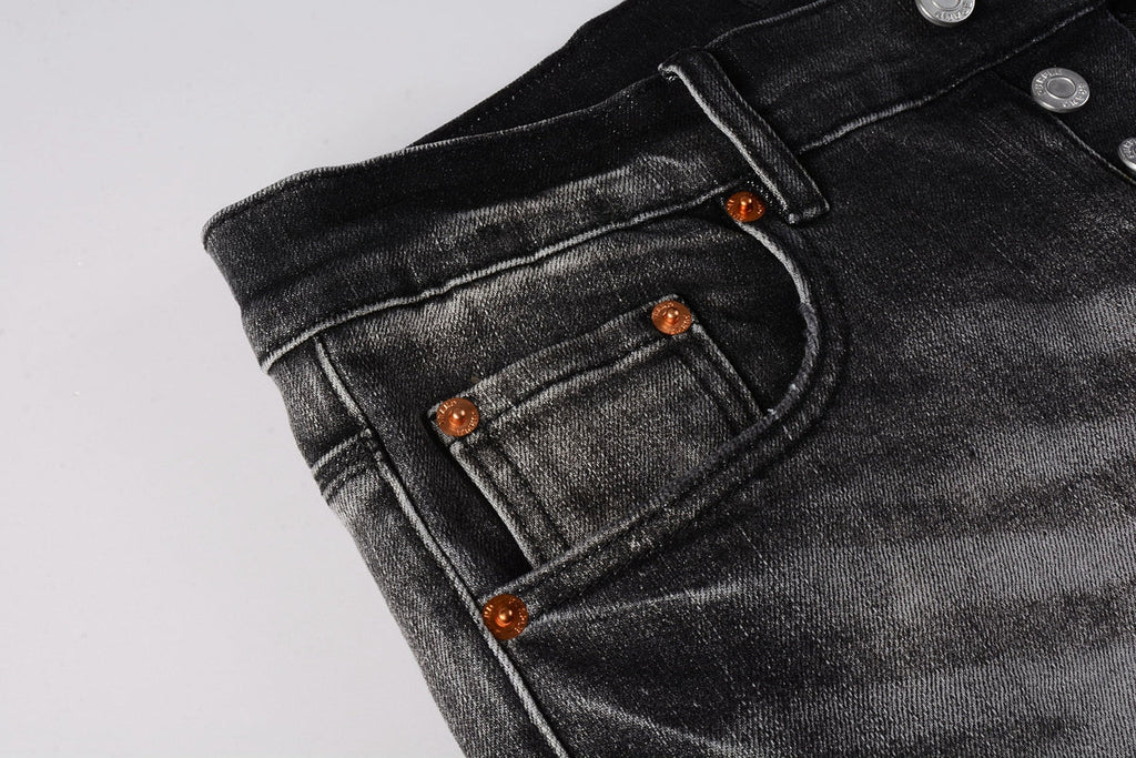 PURPLE  Men Streetwear Skinny Jeans Dark Gray Wash with White Paint Splatter and Distressed Rips 9032